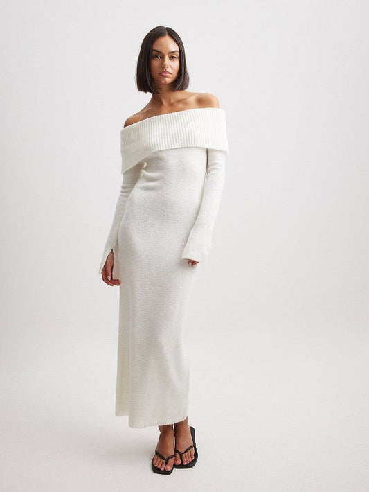 Geripptes Off-Shoulder Kleid